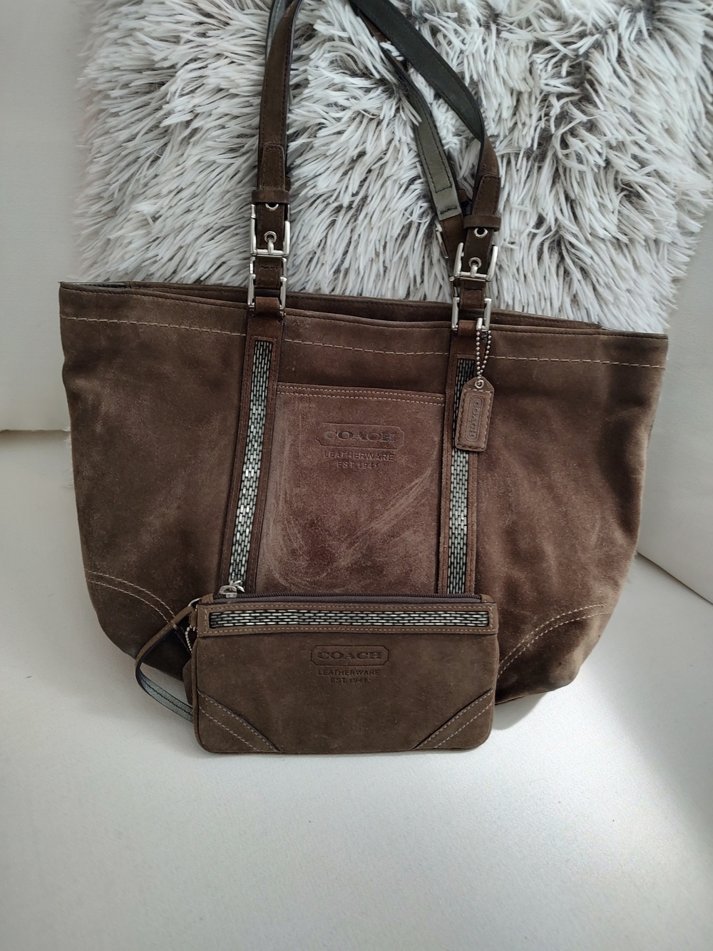 COACH Brown Suede Beaded Tote with Matching Wristlet